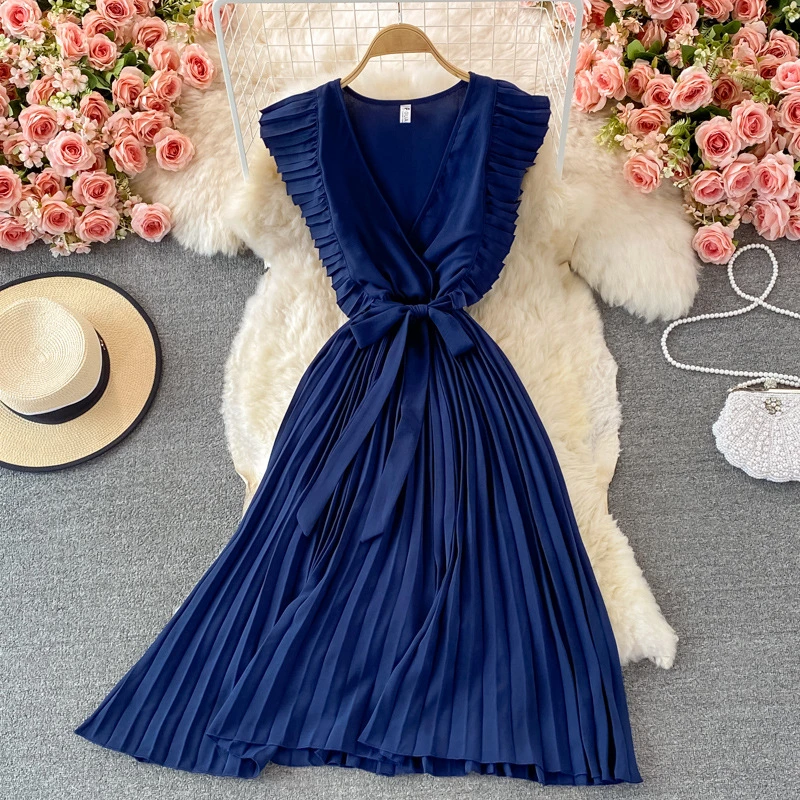 Women′ S Elegant Temperament Waist MID Length Fly Fly Sleeve V Neck Dress