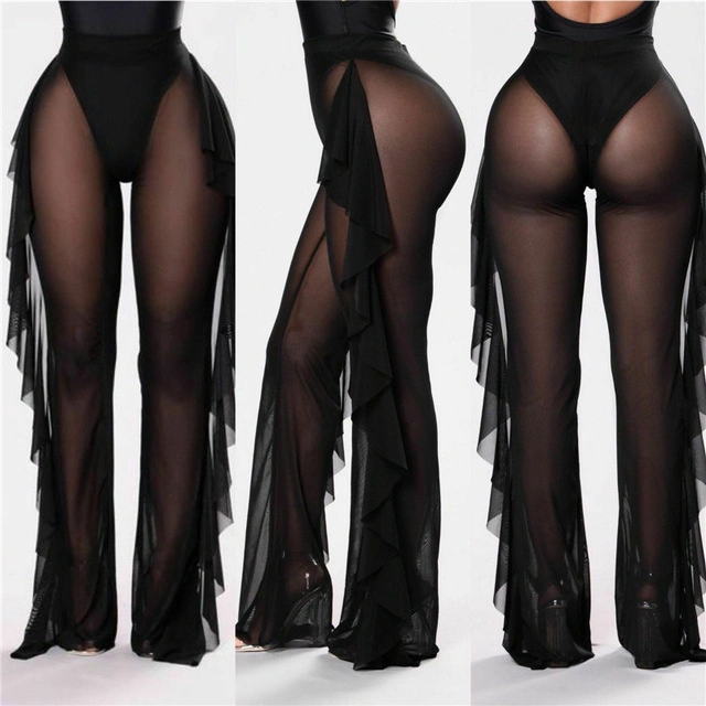 Women Ruffle Pants Beach Swimsuit Cover up Sheer Bikini Swimwear Sexy Mesh Pants