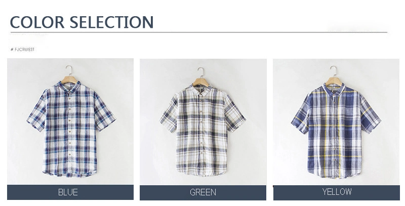 Wholesale Men′s Plaid Linen Cotton Slim Fit Spring Autumn Male Casual Branded Short Sleeved Shirts