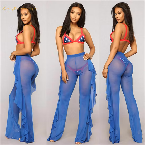Mulheres babados calças praia maiô cobrir sheer bikini roupa de banho sexy calças de malha