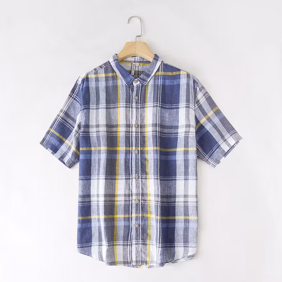 Venda por grosso de linho xadrez masculino algodão Slim Fit primavera outono masculino casual marca camisas de manga curta